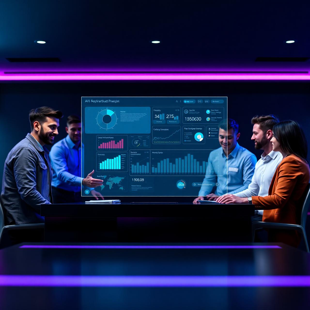 Equipe trabalhando com dashboard de inteligência artificial